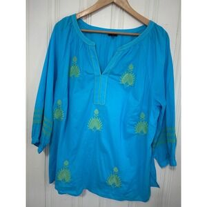 Talbots Plus Womens 1X Blue Cotton Embroidered V-Neck Tunic Blouse Resort Boho